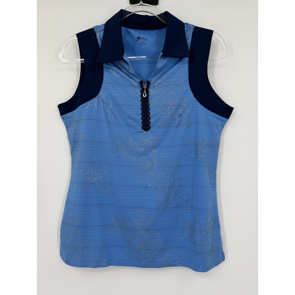 Swing Womens Sleeveless Golf Polo Top Blue Metallic Floral Quarter Zip Medium